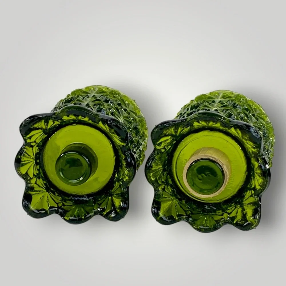 HOMCO Avocado Green Glass Votive Candle Holders Daisy Button Pair 1970s